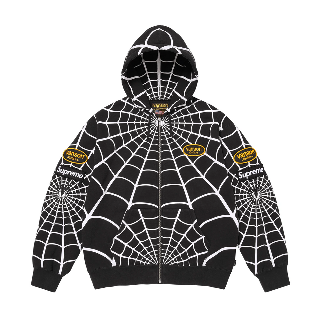 Supreme Vanson Leathers Spider-Man Zip Up Hooded Sweatshirt Black